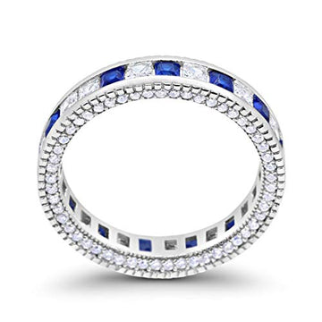 Alternating Princess Cut Simulated Blue Sapphire CZ 925 Sterling Silver